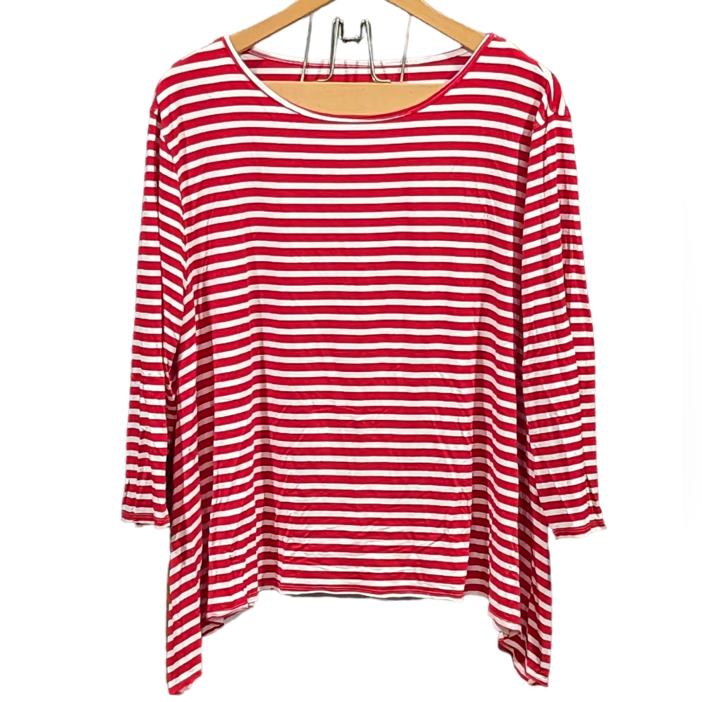 Orvis Asymmetrical Hem 3/4 Sleeve Viscose Blend Striped Shirt Size Large